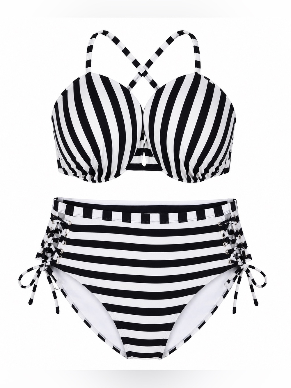Island Rays 3X Black and White Striped Two-Piece Bikini Set